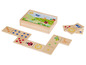 Drewniane domino z obrazkami zwierząt i liczbami w pudełku