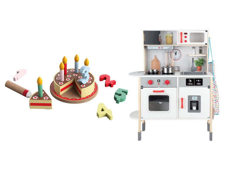 Pełny ekran: Kuchnia drewniana do zabawy z akcesoriami oraz zestawem tortu urodzinowego, 1 zestaw - zdjęcie 1