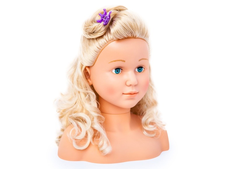 Głowa lalki z długimi blond włosami do ćwiczenia fryzur.