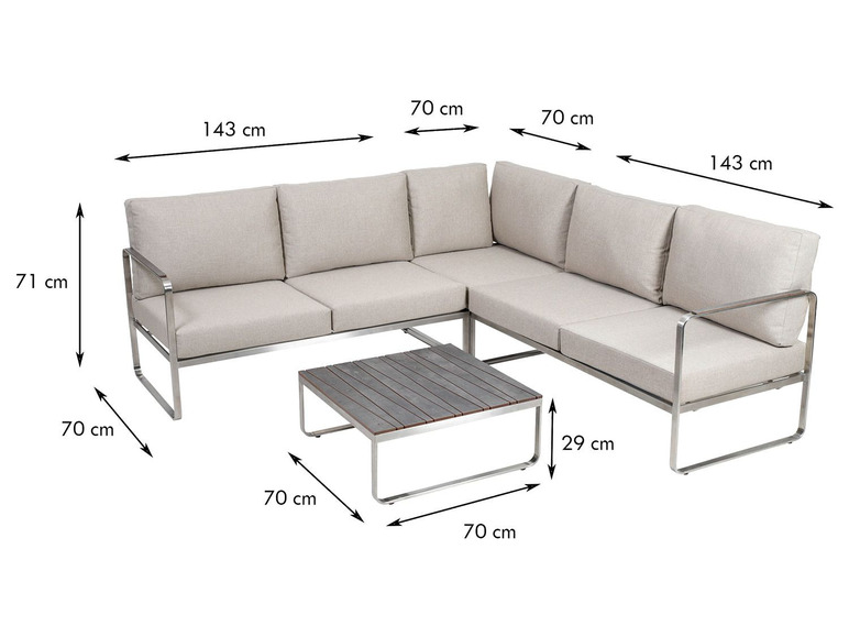 Rozkładana sofa narożna ze stolikiem kawowym, oba wykonane ze stali.
