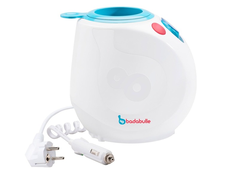 Elektryczny podgrzewacz do butelek Badabulle z wtyczką i ładowarką samochodową.