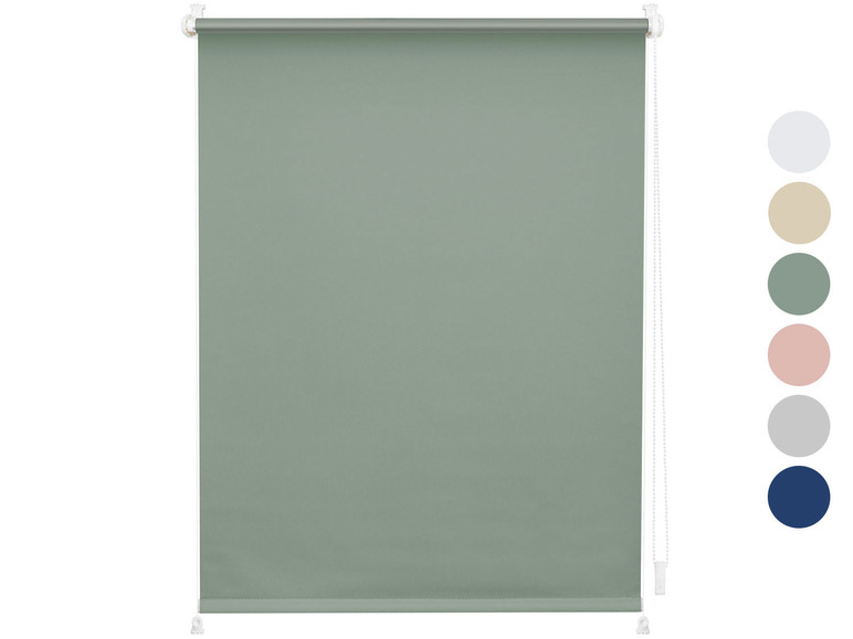 Zielona roleta z białym sznurkiem.