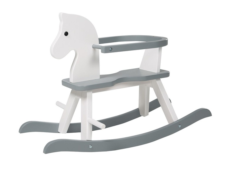 Drewniany konik na biegunach, biały z szarymi detalami.