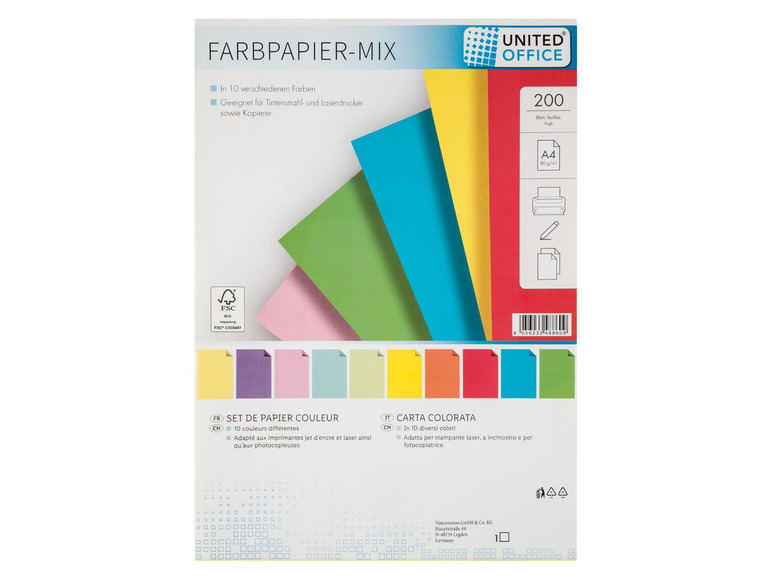 Pełny ekran: UNITED OFFICE® Papier kolorowy DIN A4, różne kolory, 200 kartek - zdjęcie 1