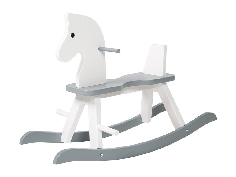 Drewniana huśtawka konik w kolorze białym i szarym.