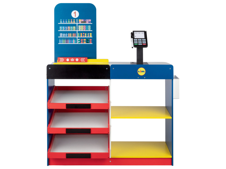 Drewniany sklep Lidl z kasą i akcesoriami
