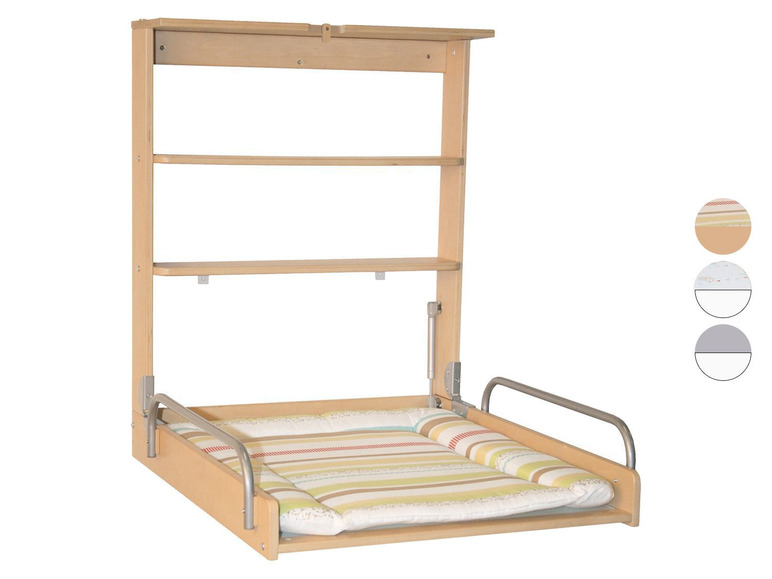 Drewniana półka ścienna z rozkładaną komodą i przewijakiem.