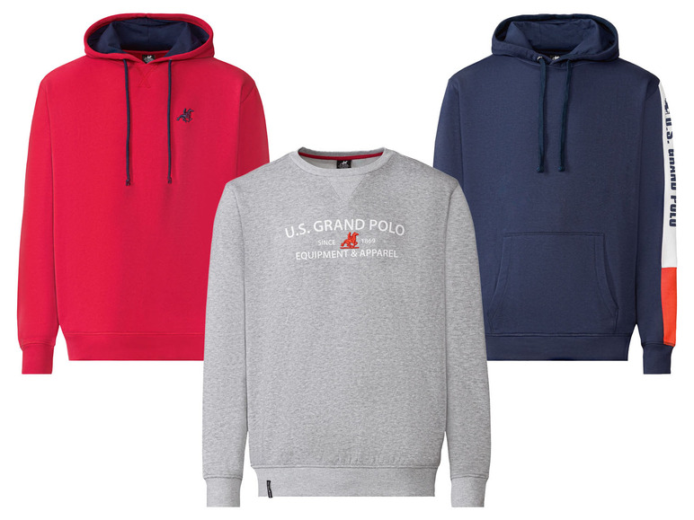 Czerwone, szare i niebieskie bluzy z kapturem oraz szary sweter marki U.S. Grand Polo.
