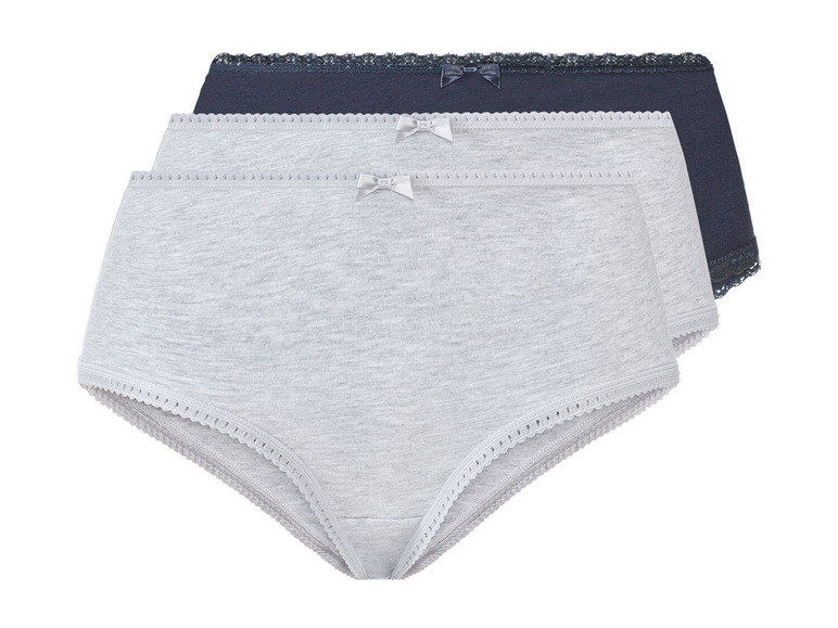 Zestaw trzech bawełnianych majtek z koronką, w tym dwa szare i jeden ciemnoniebieski.