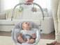 Dziecko siedzi w bujaczku Fisher-Price z pałąkiem z zabawkami w kształcie lwa i słonia.