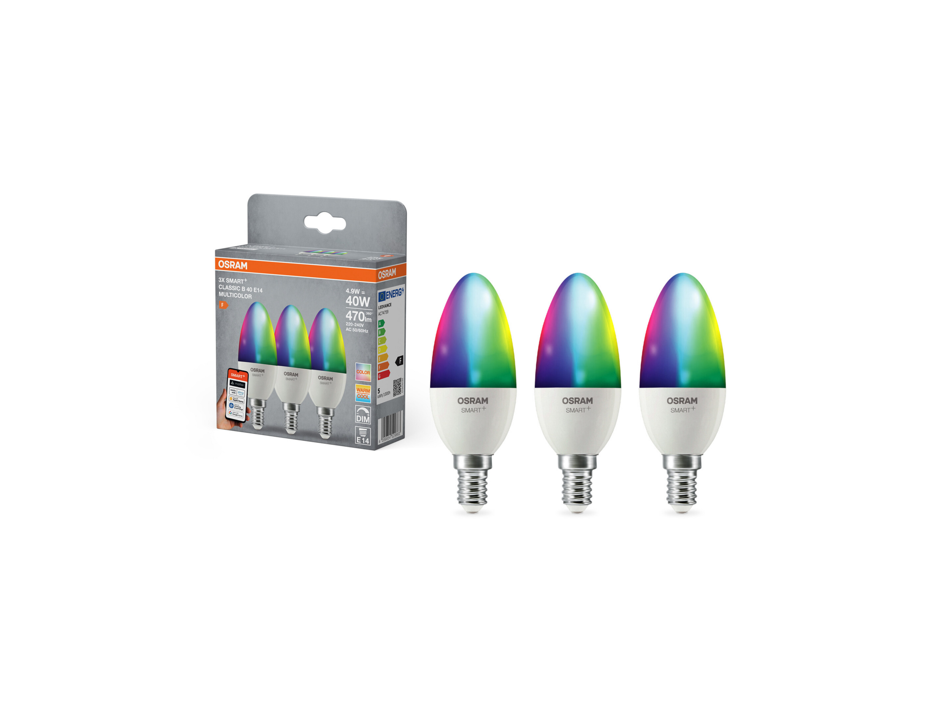 OSRAM Inteligentne żarówki Smart MATTER, 3-pak (B40, E14, 2700 K, RGBW, Matowe)