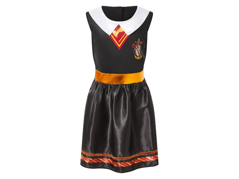Czarna sukienka Gryffindor z białym kołnierzem, złotym paskiem i paskiem w paski