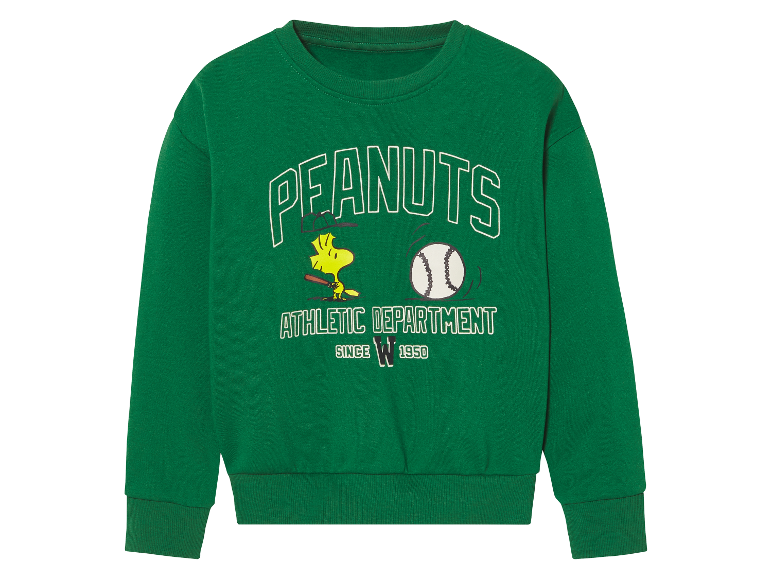 Zielona bluza Peanuts z Snoopym grającym w baseball.