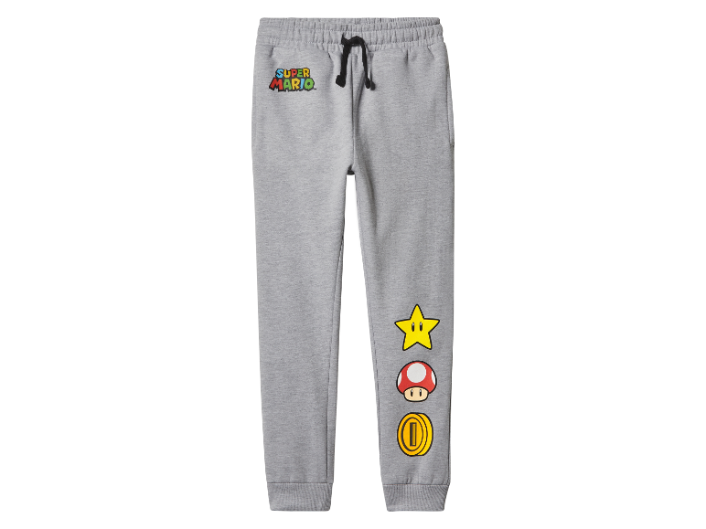 Szare dresowe spodnie Super Mario dla dzieci z ikonami.