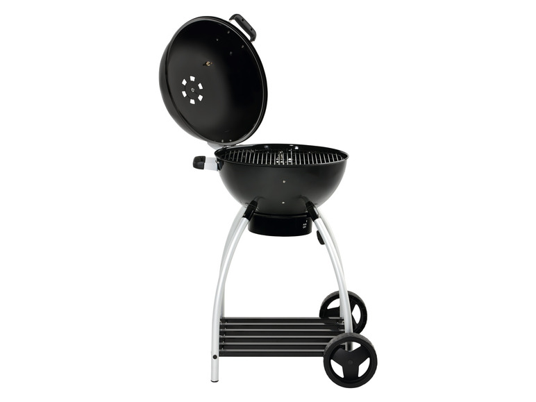 Czarny, okrągły grill z otwartą pokrywą i kółkami.