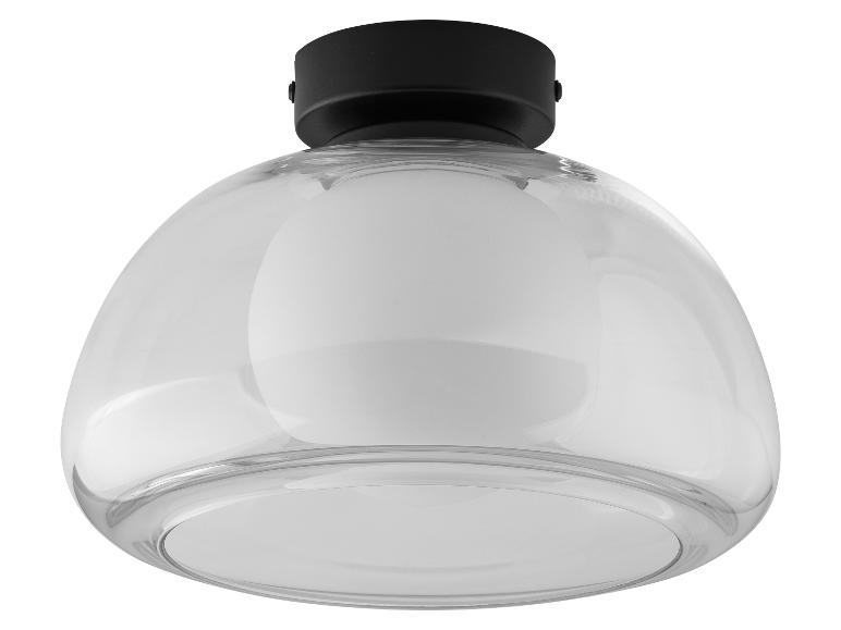 Szklana lampa sufitowa z kopułą i czarną podstawą.