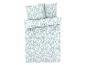 Pościel i poszewki na poduszki z wzorem niebiesko-zielonych liści.