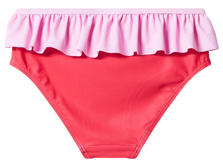 Dziecięcy dół od bikini z różowymi i czerwonymi falbankami