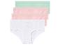 Trzy pary majtek: jedne w białe kropki, jedne różowe i jedne jasnozielone.