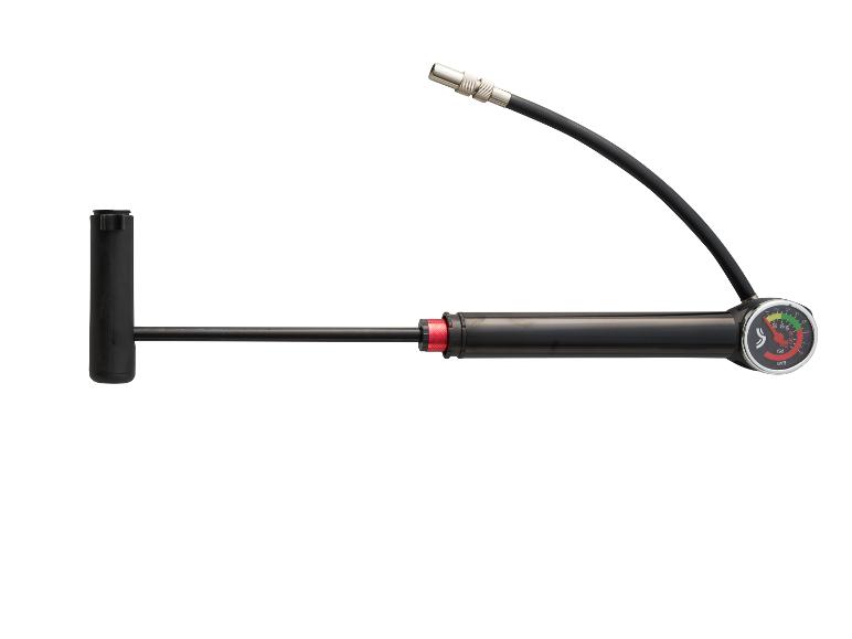 Czarna pompka rowerowa z manometrem.