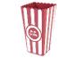 Czerwono-biały pojemnik na popcorn w paski.