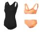 Czarny jednoczęściowy kostium kąpielowy i pomarańczowe bikini z falbankami