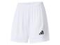 Białe spodenki sportowe Adidas z czarnym logo na prawej nogawce.