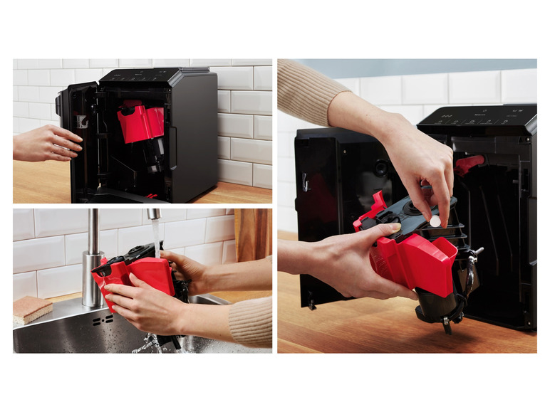 Część czerwonego ekspresu do kawy jest wkładana do czarnego ekspresu do kawy.