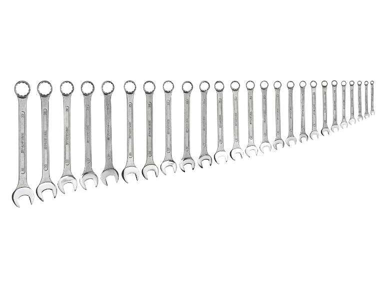 Zestaw kluczy płasko-oczkowych Parkside, ułożonych według rozmiaru.