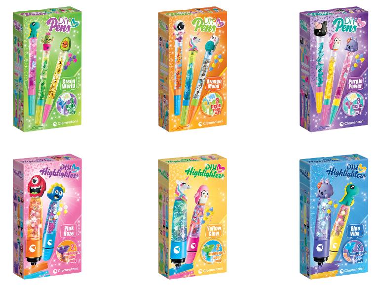Długopisy i zakreślacze DIY w różnych zestawach tematycznych, takich jak Green World, Orange Mood, Purple Power.