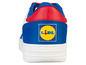 Białe buty sportowe z niebieskim i czerwonym wierzchem i logo Lidl.