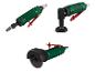 Trzy zielone pneumatyczne szlifierki Parkside z różnymi akcesoriami.