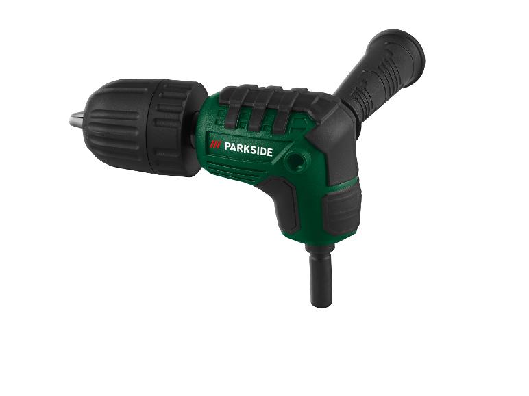 Zielona wiertarka Parkside z prostą i kątową głowicą.