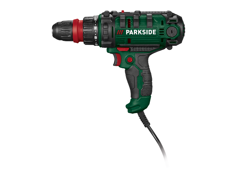 Zielono-czarna wiertarko-wkrętarka Parkside.