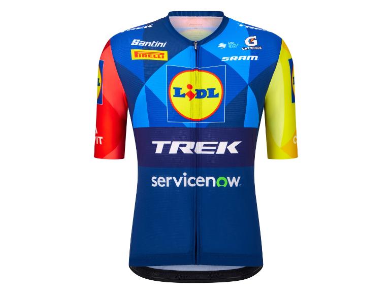 Koszulka kolarska w kolorach niebieskim, czerwonym i żółtym z logo supermarketu i napisem „TREK”.