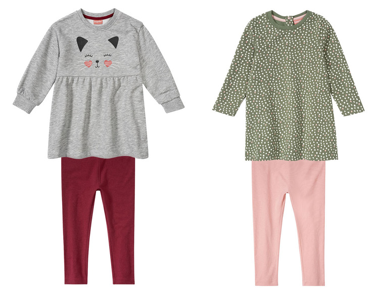 Dwa komplety dla dziewczynek z długim rękawem, jeden z nadrukiem kota, a drugi w kropki.