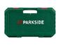 Zielona skrzynka narzędziowa PARKSIDE z czerwonymi zatrzaskami i uchwytem