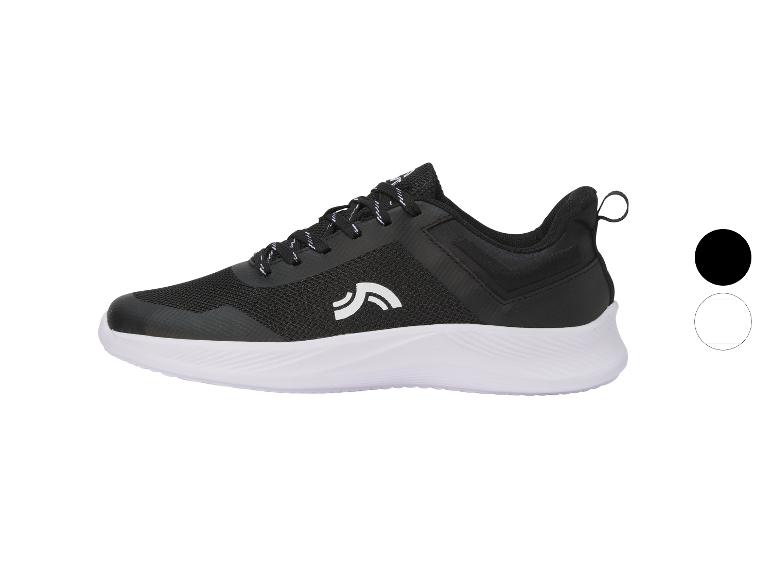 Czarne buty sportowe z białą podeszwą i białym logo, z opcjami kolorystycznymi czarnym i białym.