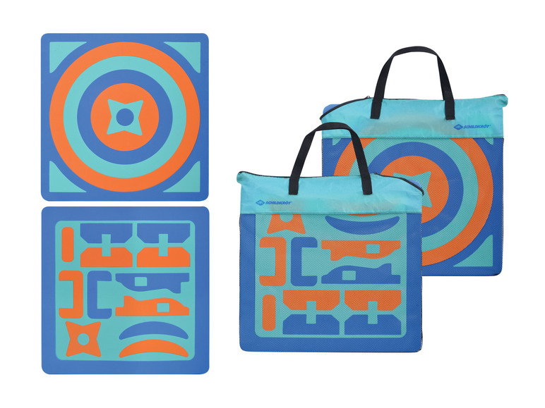 Dwie plażowe maty Schildkröt z geometrycznymi wzorami w torbie.