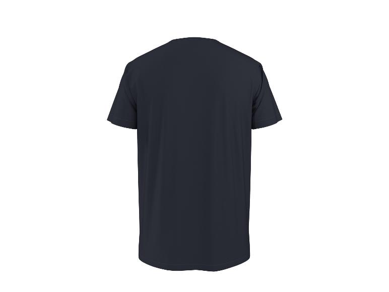 Tył granatowego męskiego T-shirtu z krótkim rękawem.