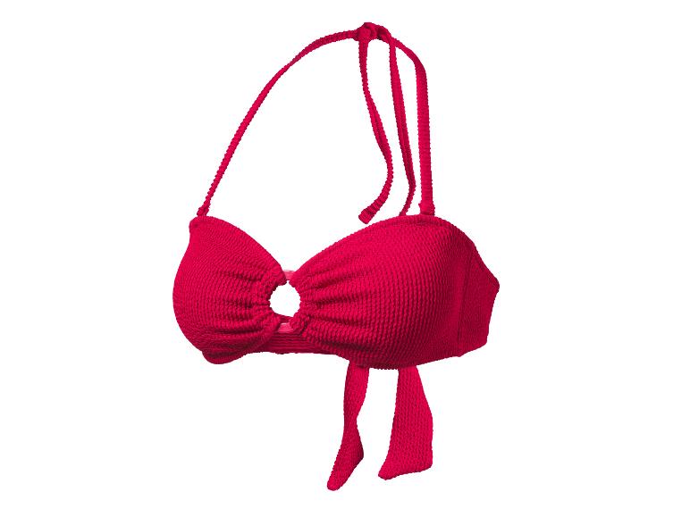 Czerwony teksturowany top bikini z pierścieniem na środku i wiązanymi ramiączkami