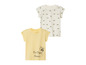 Dwa dziecięce t-shirty, jeden z nadrukiem pszczół, a drugi z napisem 'Bee Happy Forever'.