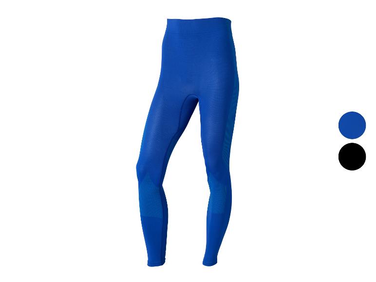 Niebieskie legginsy treningowe z czarnymi i niebieskimi próbkami kolorów.