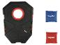Zestaw do gry w cornhole z czarnym celem i dwoma woreczkami w kolorze niebieskim i czerwonym.