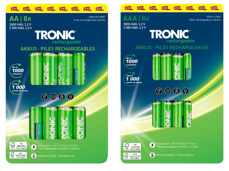 Akumulatorki TRONIC AA i AAA, opakowanie 8 sztuk, z 1000 cyklami ładowania.
