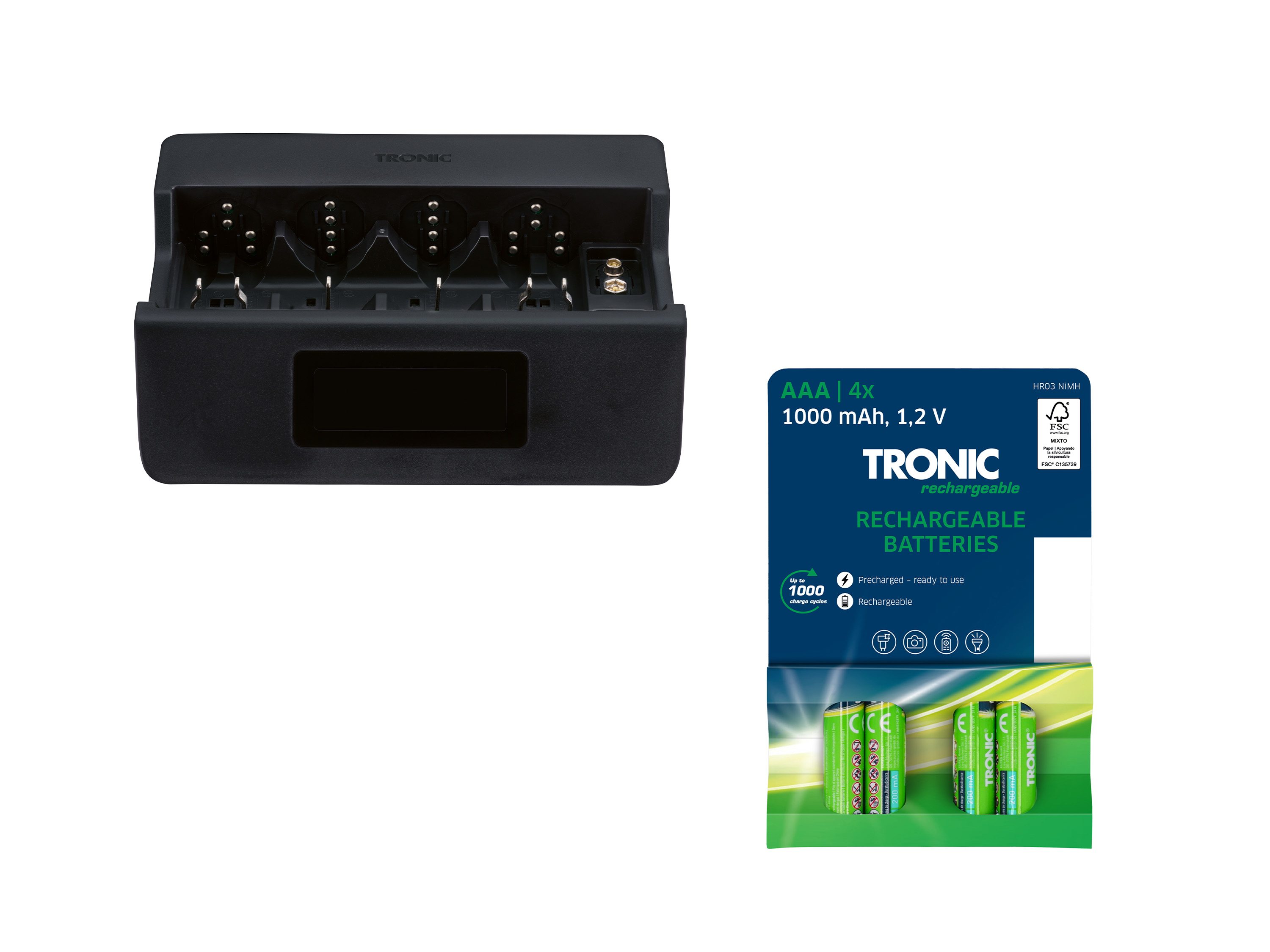 TRONIC® Zestaw Ładowarka sieciowa z szybkim ładowaniem i wyświetlaczem z 4 akumulatorkami AAA