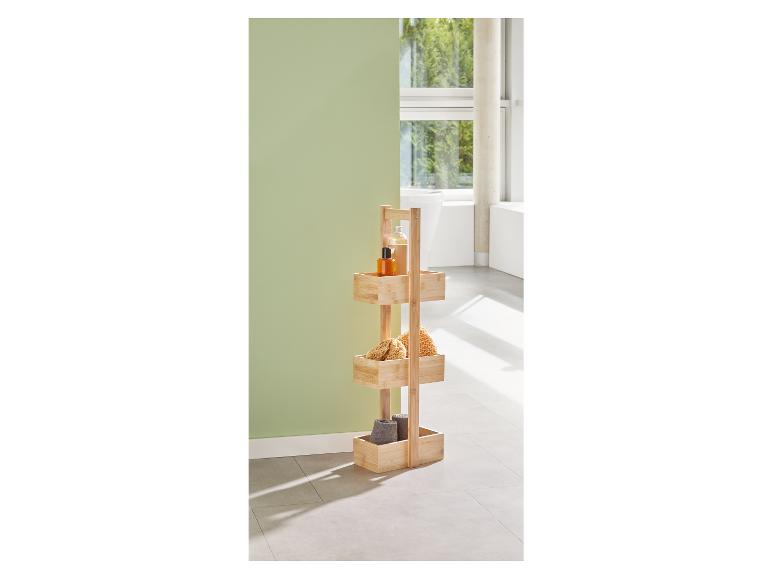 Bambusowy organizer łazienkowy 3-poziomowy: butelki, gąbki, ręczniki.