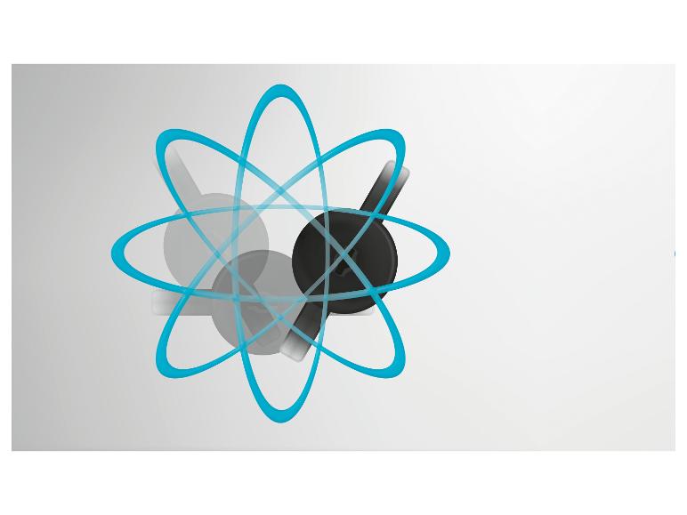 Abstrakcyjne przedstawienie atomu z czarnymi i szarymi kształtami.
