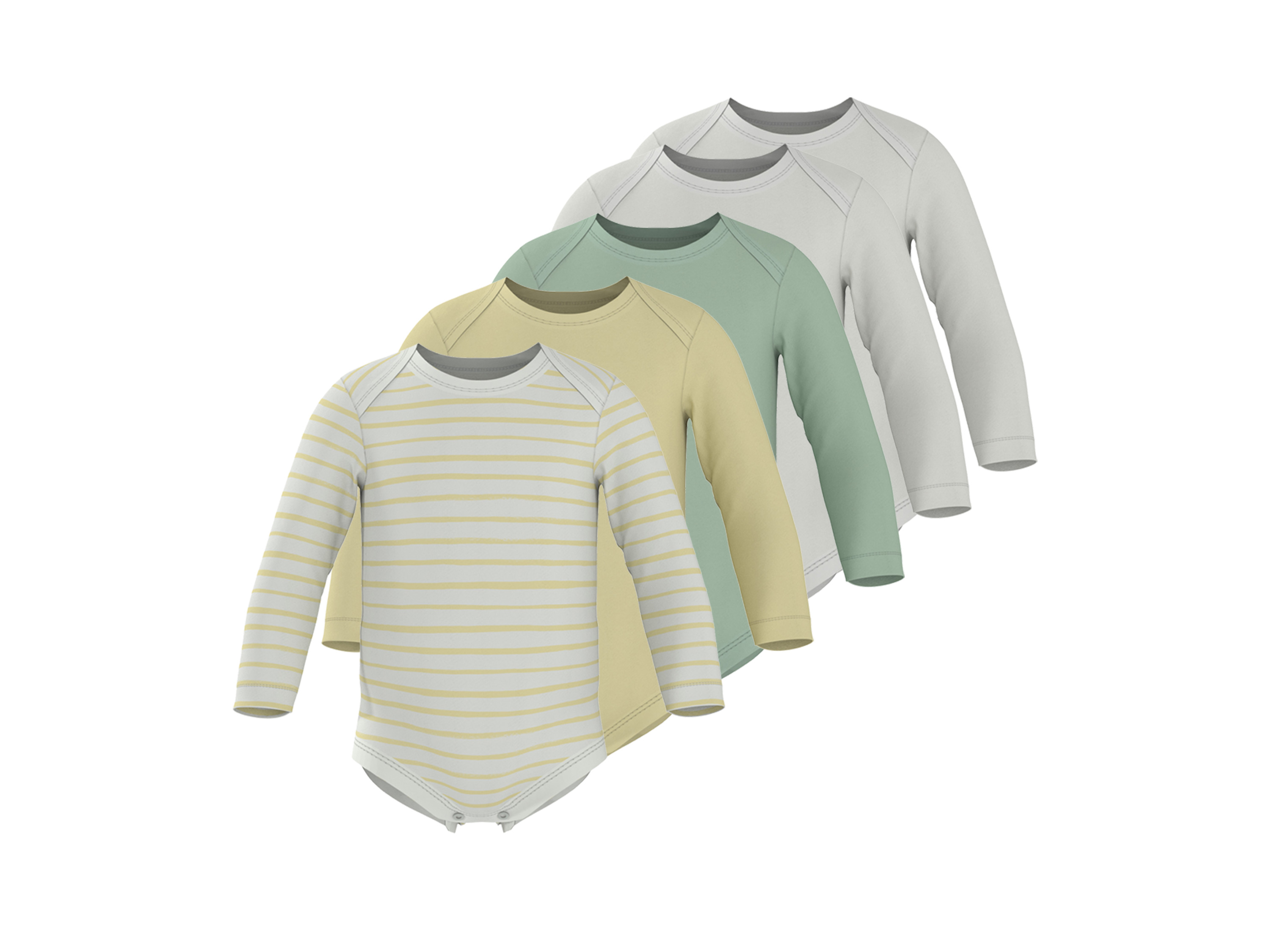 LUPILU® Body niemowlęce z długim rękawem, 5 sztuk (Biały/ zielony/ żółty, 86/92)