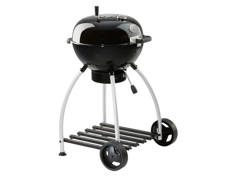 Czarny, okrągły grill na kółkach marki Broil King.
